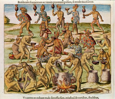 Preparazione di una bevanda a base di mais e grano (pagina 486), 1563 (incisione a colori) da Theodore de Bry